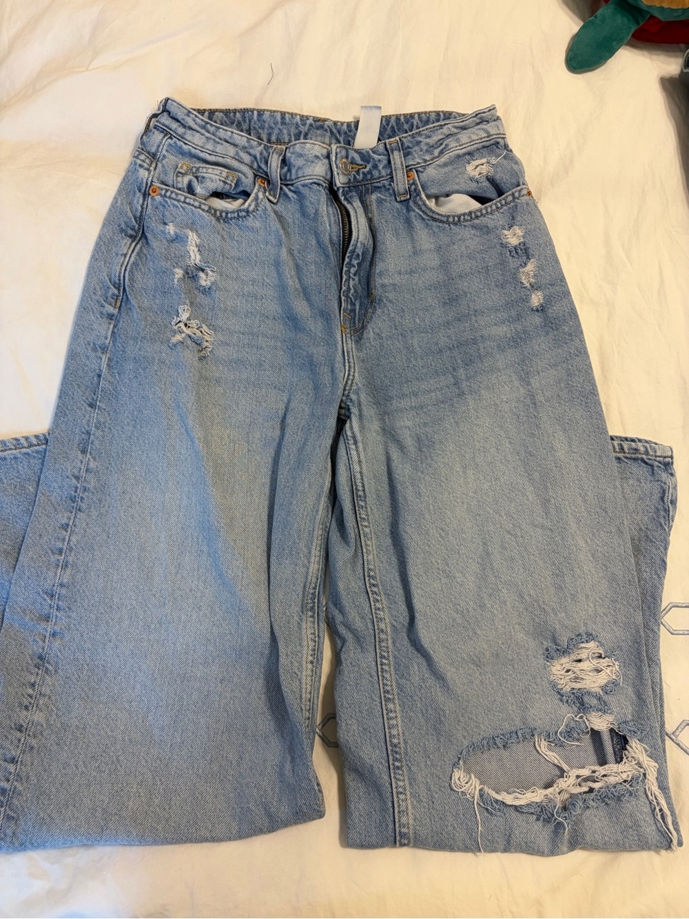 Women's Light Blue Distressed Wide-Leg Jeans